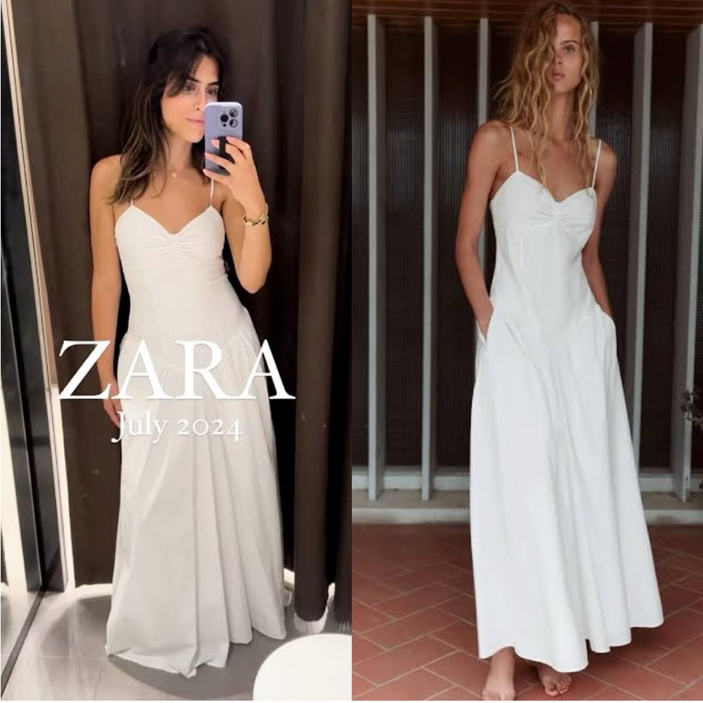 Zara White Cotton Maxi Strappy Gabardine Dress V Neck Flounced hem size XS NWT - Picture 7 of 16